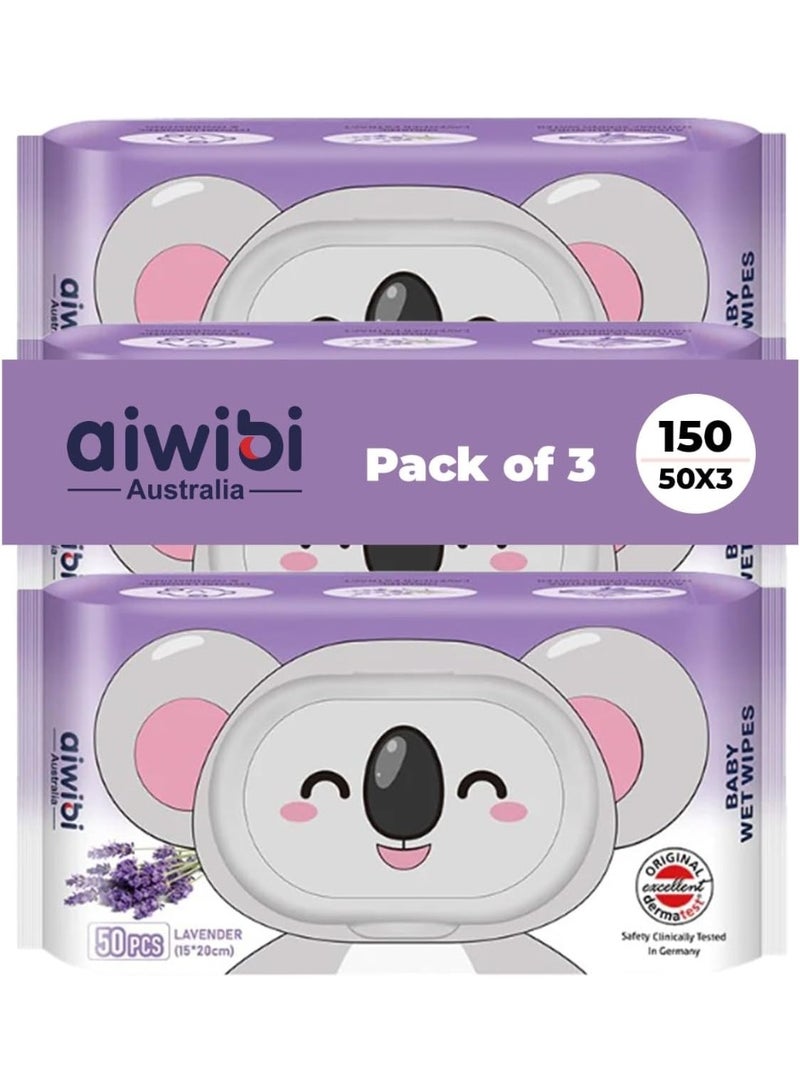 aiwibi 100% Skin-friendly Baby Wet Wipes 80 Sheets- Pack of 3 (240 Pcs)-Lavender - Image 1